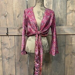 Funky Threads Pink upcycled silk saree boho cropped cardigan wrap cover up OS